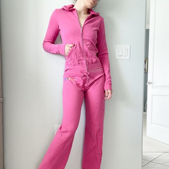 RARE Vintage Y2K Juicy Couture Pink Hooded Zip-Up Jacket + Matching Sweatpants - Picture 1 of 16